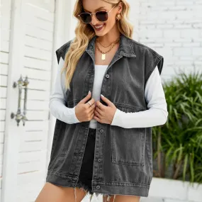 2024 Summer Women Sleeveless Lapel Denim Vest Fashion Casual Jeans Jacket Street Trend Coat