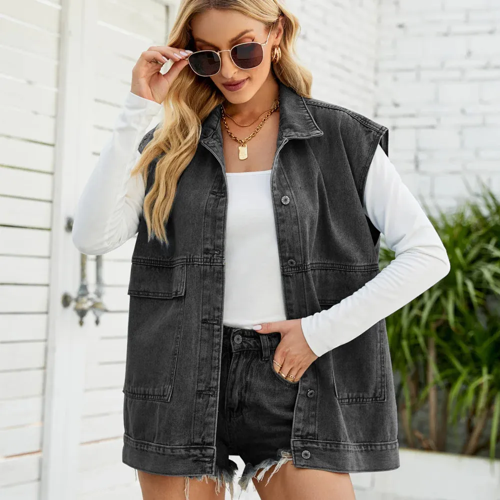 2024 Summer Women Sleeveless Lapel Denim Vest Fashion Casual Jeans Jacket Street Trend Coat