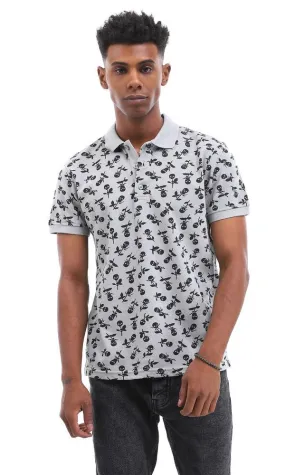 94924 Skull Flower Printed Medium Grey Polo Shirt