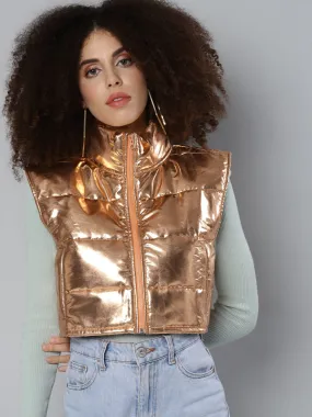 Copper Mettalic Sleeveless Puffer Crop Jacket