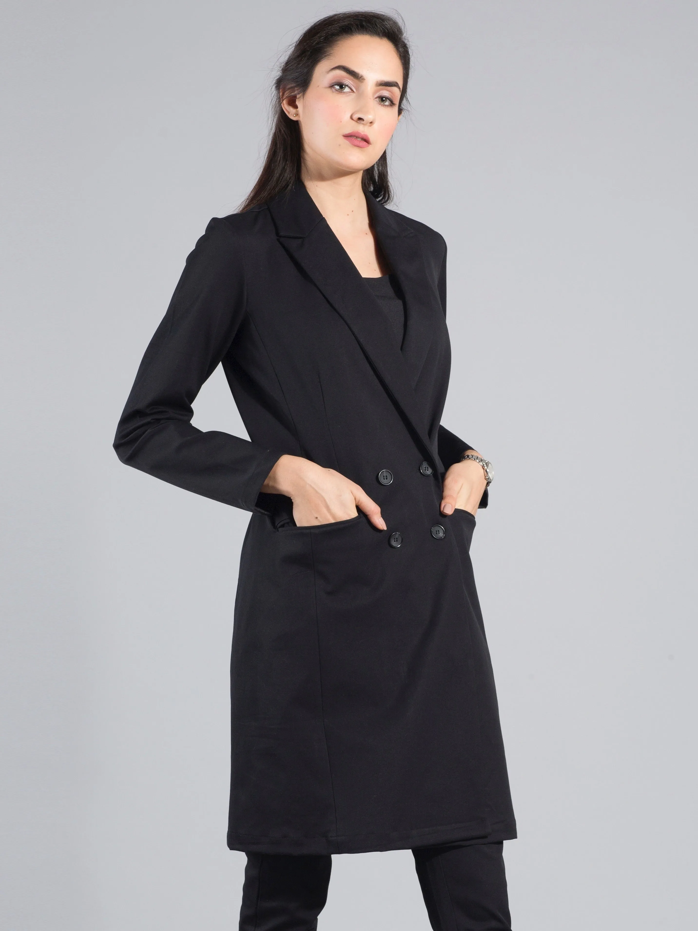 Double Breasted Long Jacket - Black