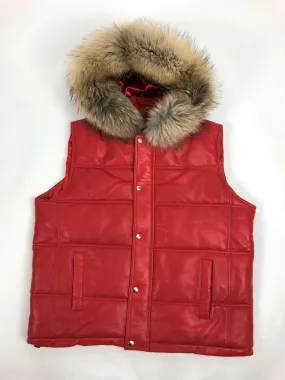 Men's Leather Bubble Vest With Premium Raccoon Fur Hood