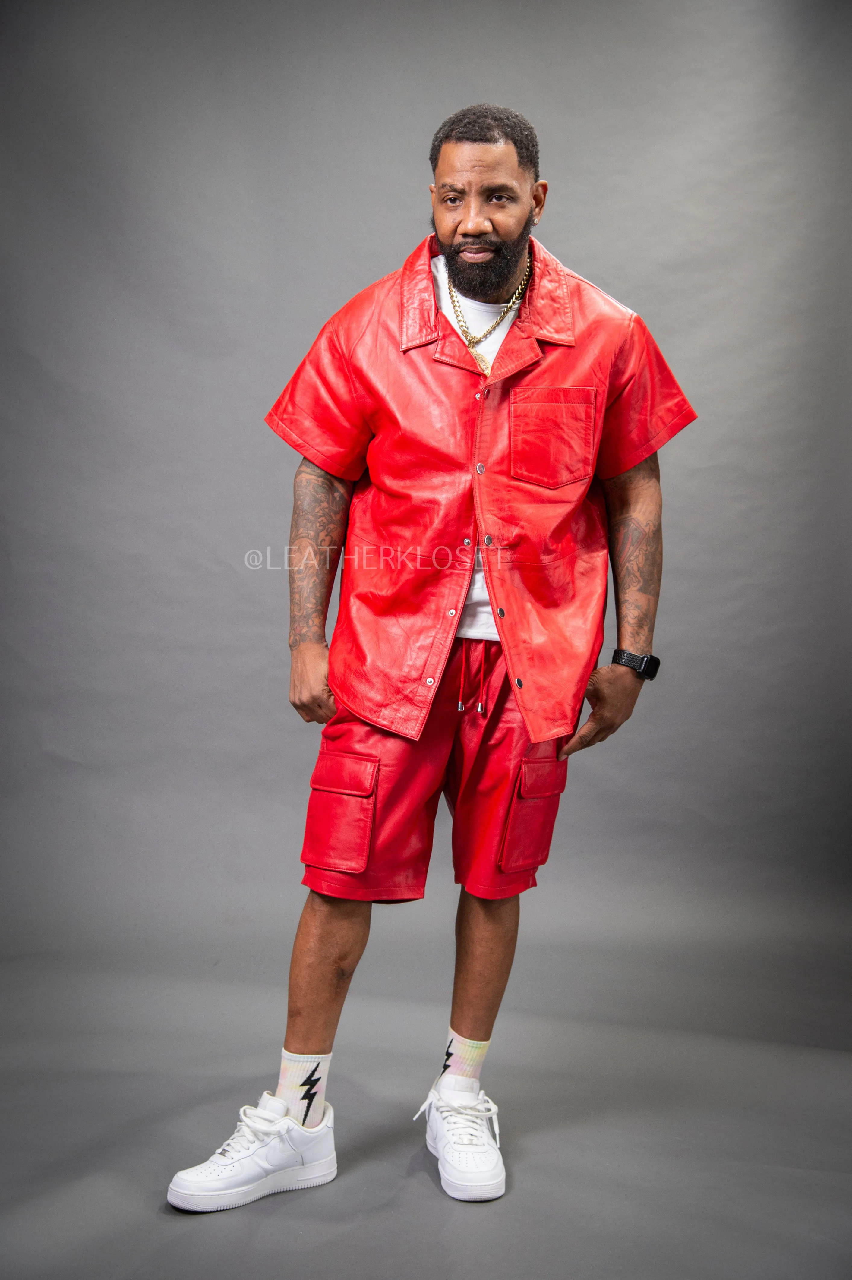 Men's Summer In Miami Leather Shirt And Cargo Shorts Set [Red]