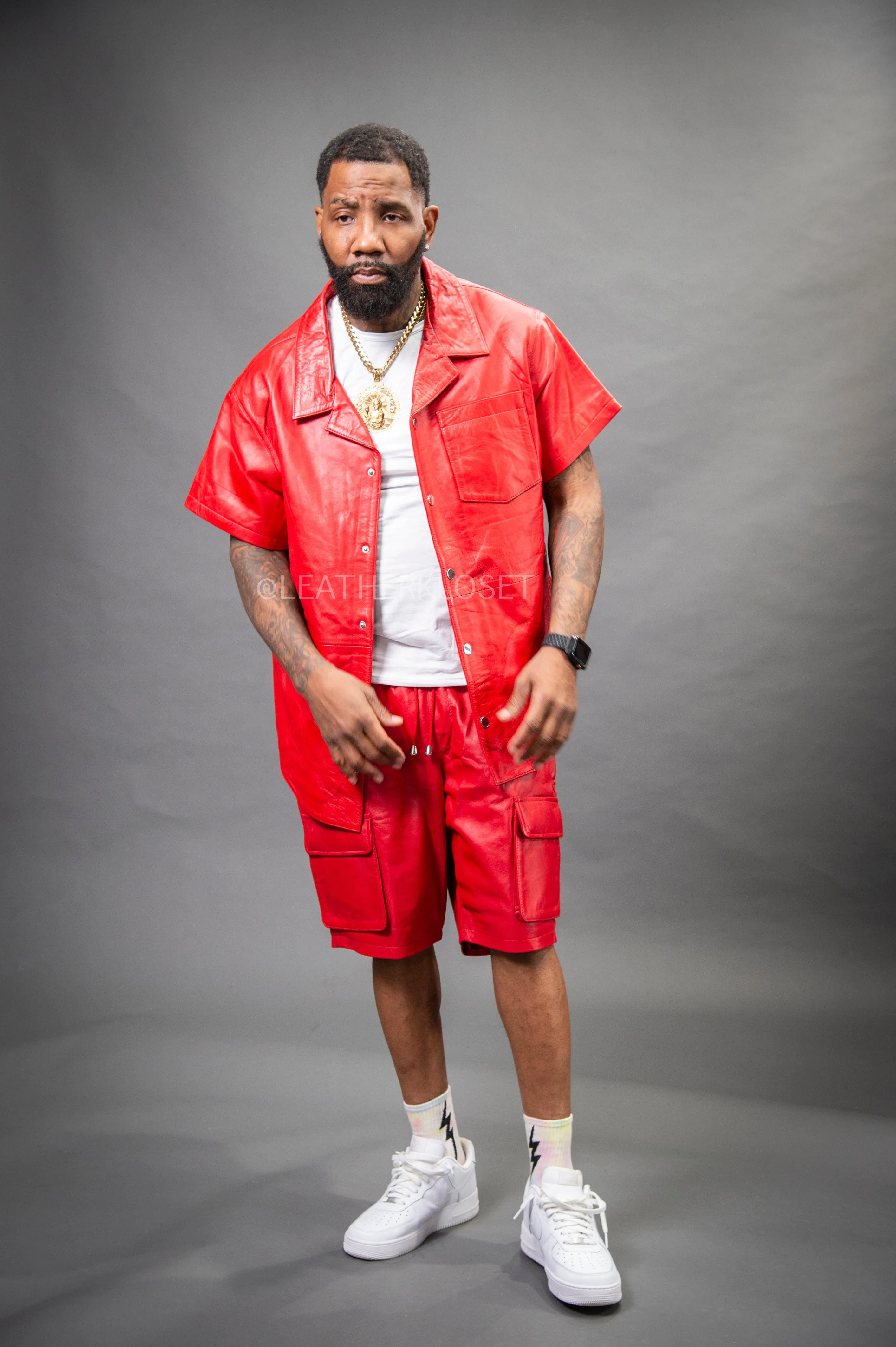 Men's Summer In Miami Leather Shirt And Cargo Shorts Set [Red]