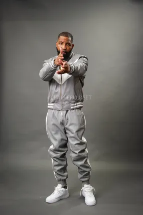 Men's V-Baseball Leather Track Suit Sweatsuit [Grey/White]